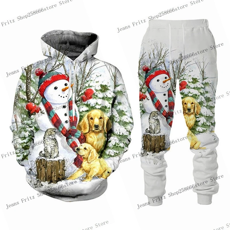 3D Print Hoodies Suit Christmas Santa Claus Man Woman Tracksuit Pants 2pcs Sets New Year Holiday Party Kids Pullover Hooded