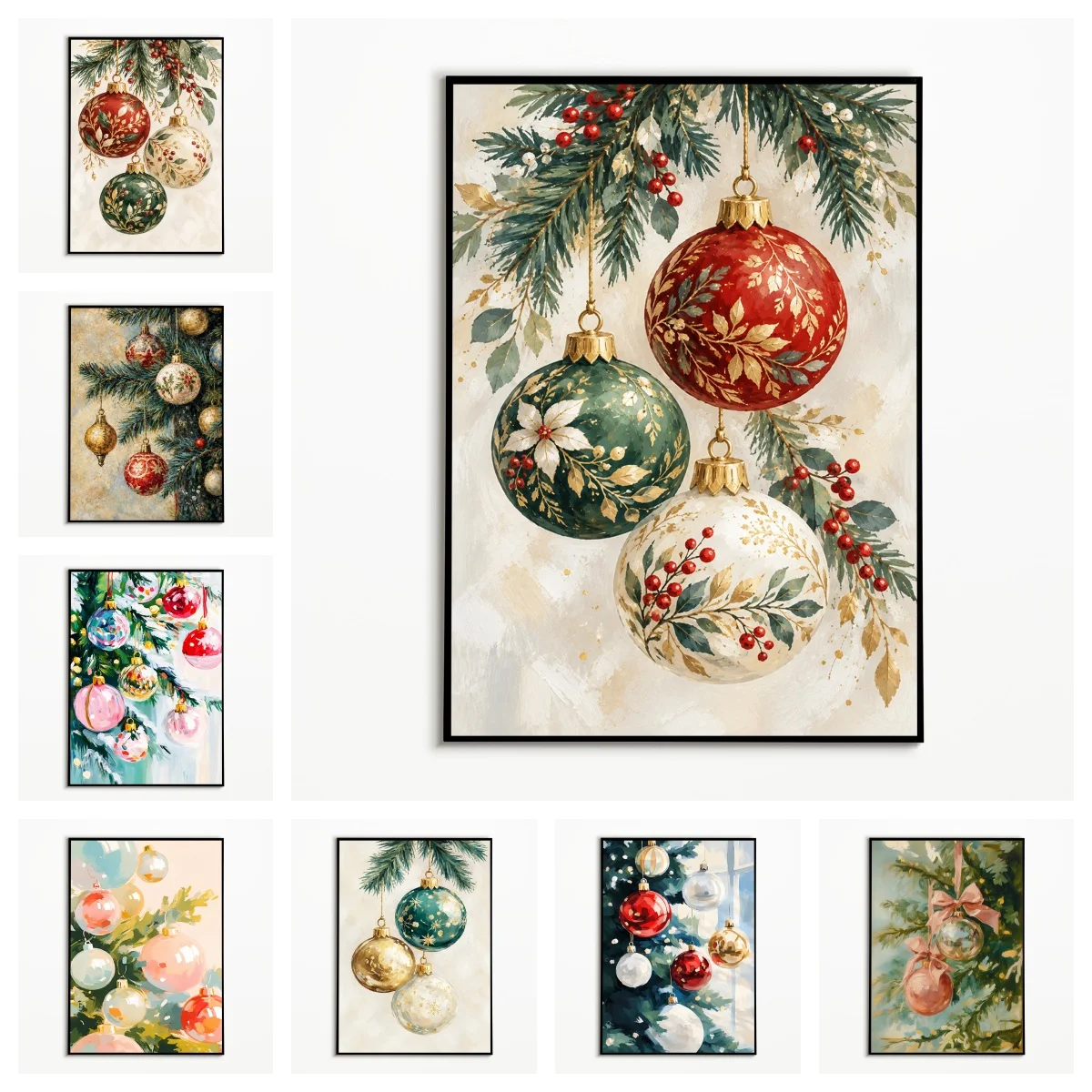 1PC,Watercolor Wall Art Christmas Baubles Pine Branch Posters Winter Canvas Painting Cozy Room Wall Decor Gallery Wall Prints