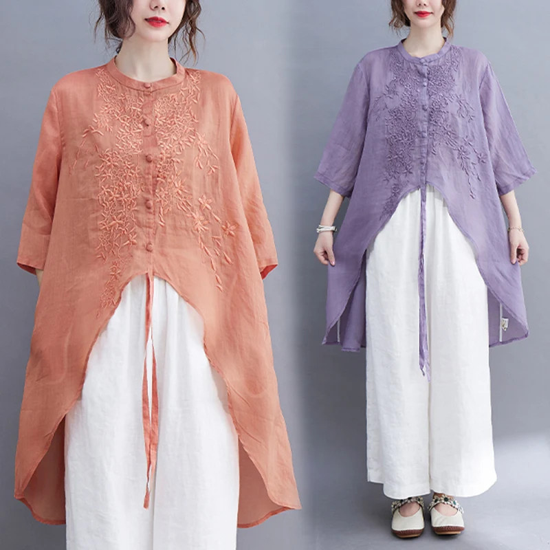 

Льняной хлопок, вышитый рост, большие размеры, женский модный топ с воротником-стойкой и пуговицами, молодежный неровный топ