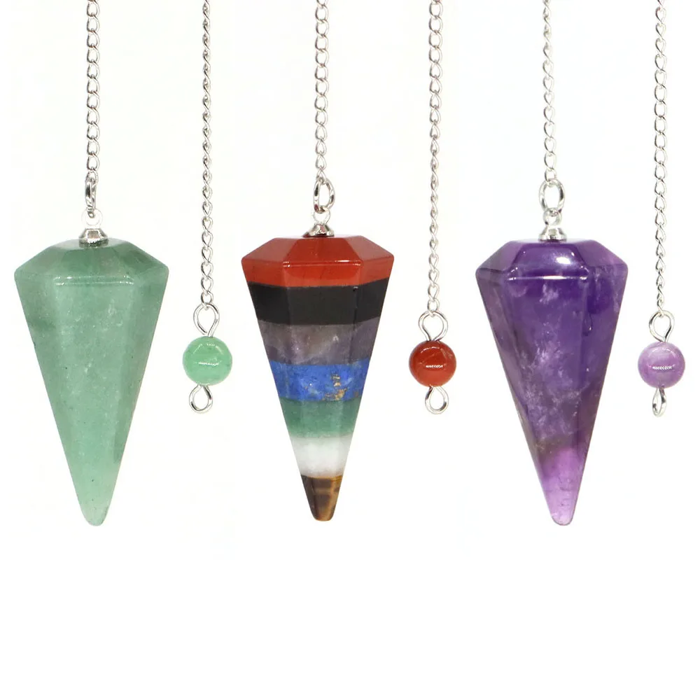 Natural Stone Hexagonal Cone Pendulum Reiki Healing Crystal Amethyst 7 Chakra Gemstone Pendulo for Divination Witchcraft Dowsing