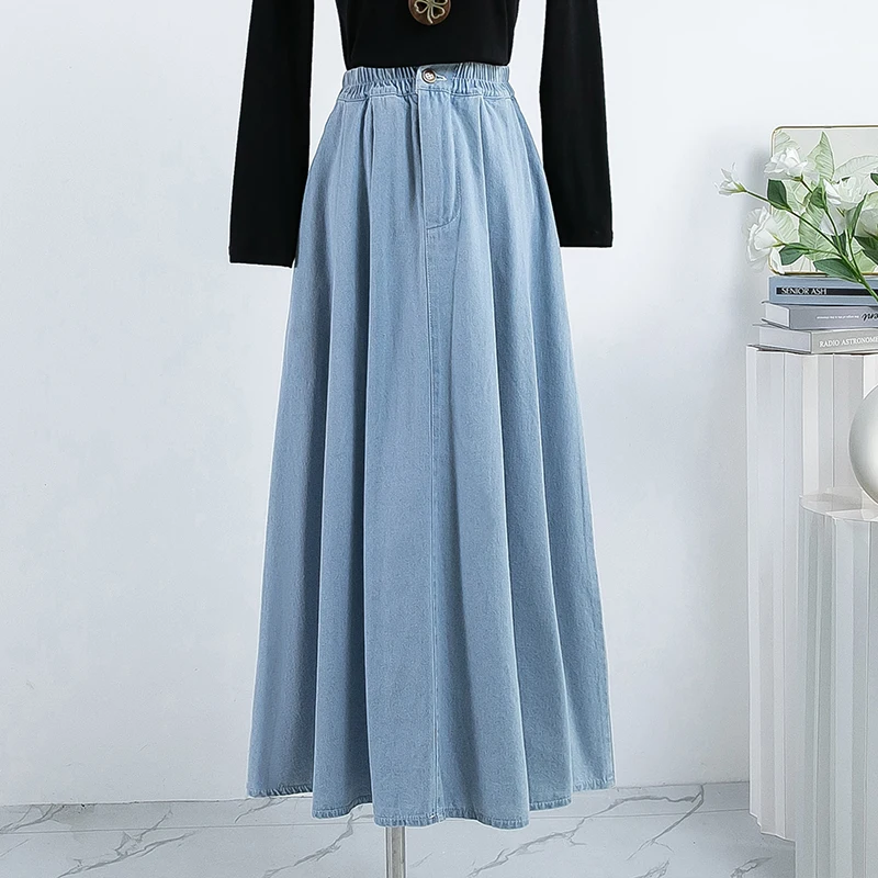 Spring Autumn Cotton Denim Skirt Women Casual Loose Elastic High Waist A-line Long Skirt