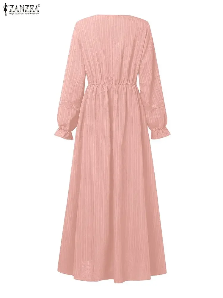 2026 ZANZEA Spring Lace Patchwork Dresses Autumn Muslim Abaya Dress Women O Neck Long Sleeve Pleated Sundress Ramadan Hijab Robe