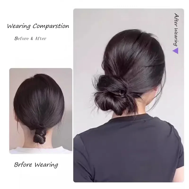 Synthetic  DIY hair bun ponytail with leather band  self winding ball head curly hair bun straight hair bun black  brown