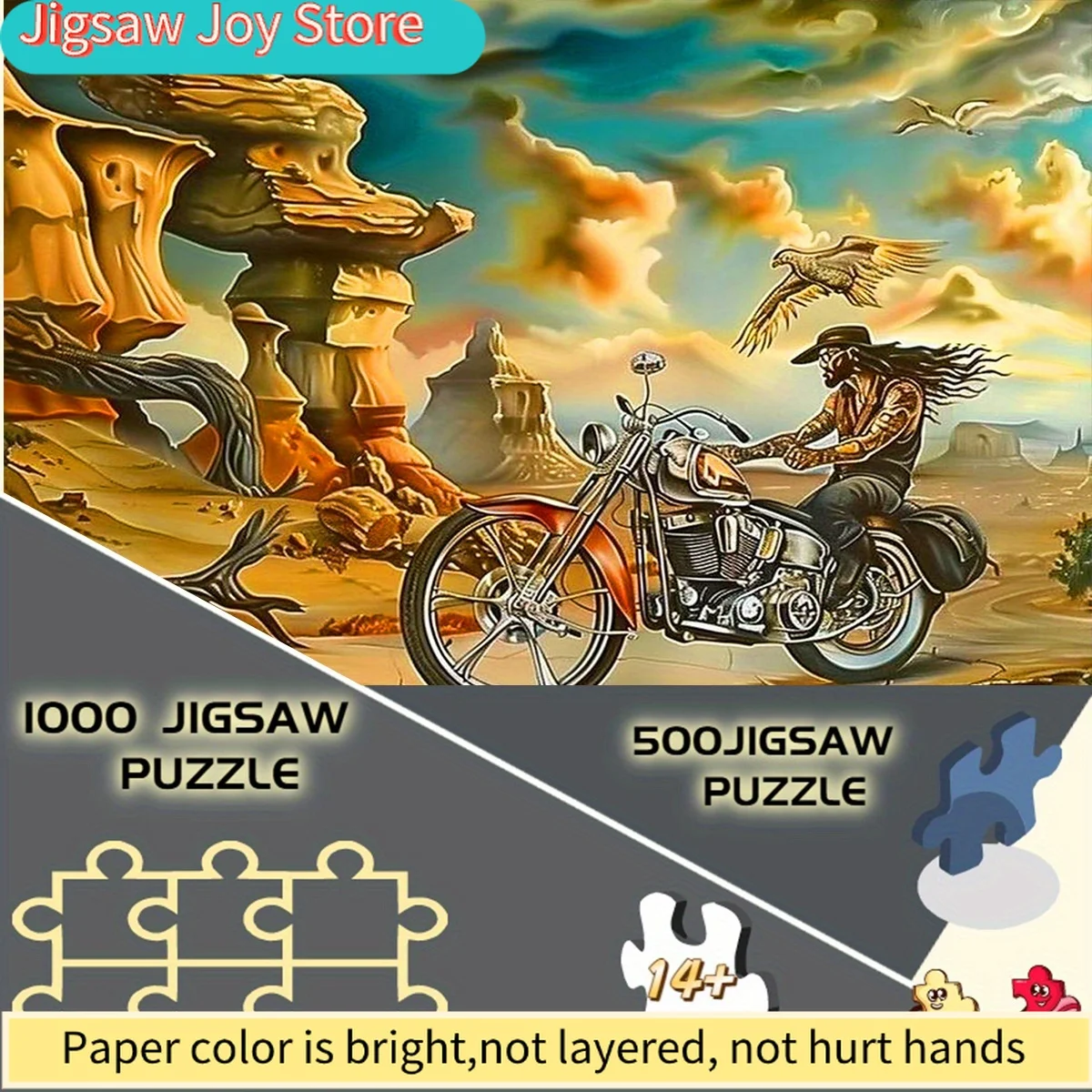

Large Motorcycle Puzzle Suitable for & - Challenging Jigsaw with Desert Landscape, Motorcycle Rider - Portable Brain, Framed