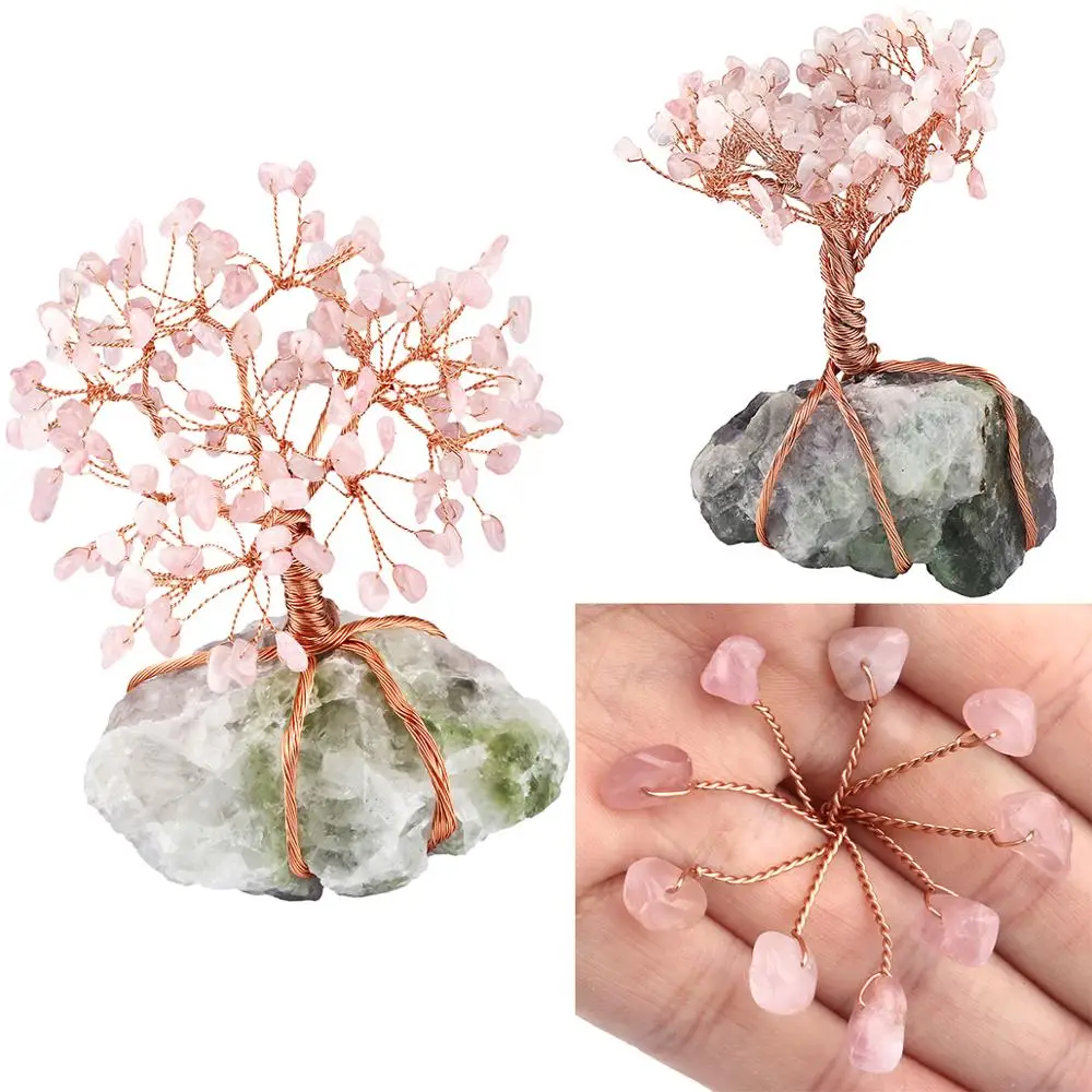 Natürliche Raw Fluorit Basis Kupfer Draht Gewickelt Rose Quarz Chips Stein Geld Baum Bonsai Glück Feng Shui Figurine Ornament