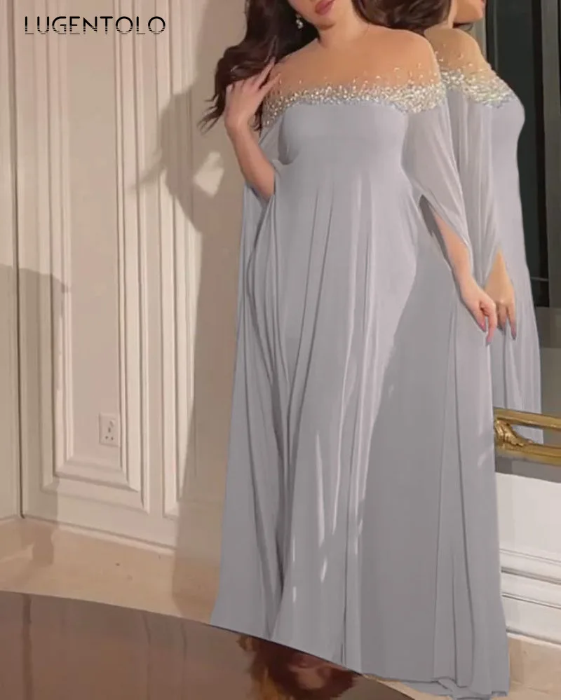 المرأة عالية الخصر فستان طويل الشيفون ، فساتين مأدبة سيدة ، الشرق الأوسط ، الصلبة ، سوينغ كبير ، مثير ، مزاجه ، الطرف ، الربيع ، الصيف