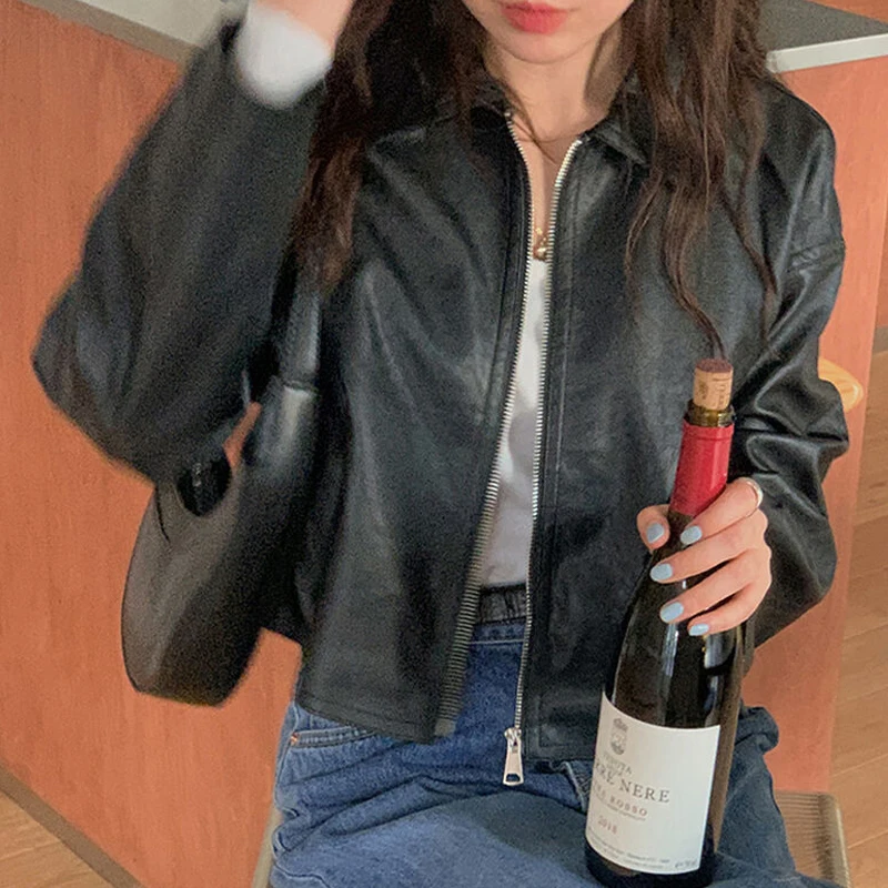 

Шикарный женский топ из искусственной кожи, весенний простой воротник на молнии, длинная верхняя одежда све, модный топ для поездок на работу