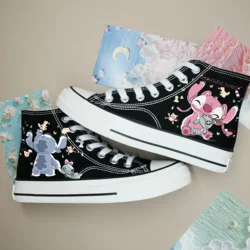 2024new Stitch dziecięce brezentowe buty Disney chłopcy dziewczęta wysokie trampki Graffiti wszechstronne buty dla par urodziny prezenty