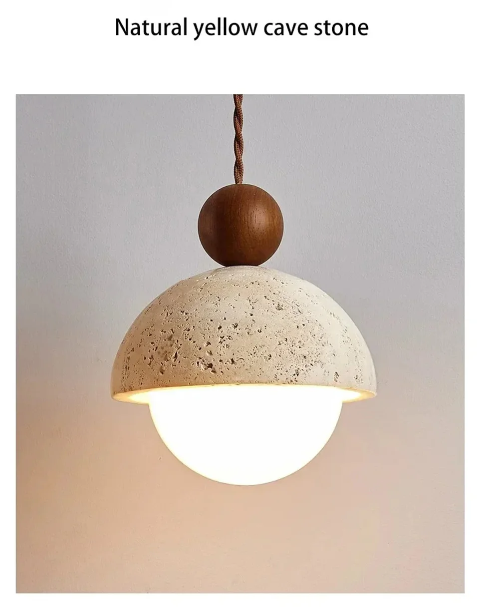 Natural Cave Stone Pendant Light LED Yellow Travertine Bedside Hanging Lighting Fixture for Restaurant Bedroom Living Room Decor