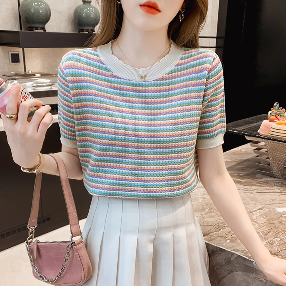 Summer Thin Ice Silk Stripe Knitted Short Sleeve T-Shirt Women's Fashion Design Unique Style round Neck Top Commute Style Cla...