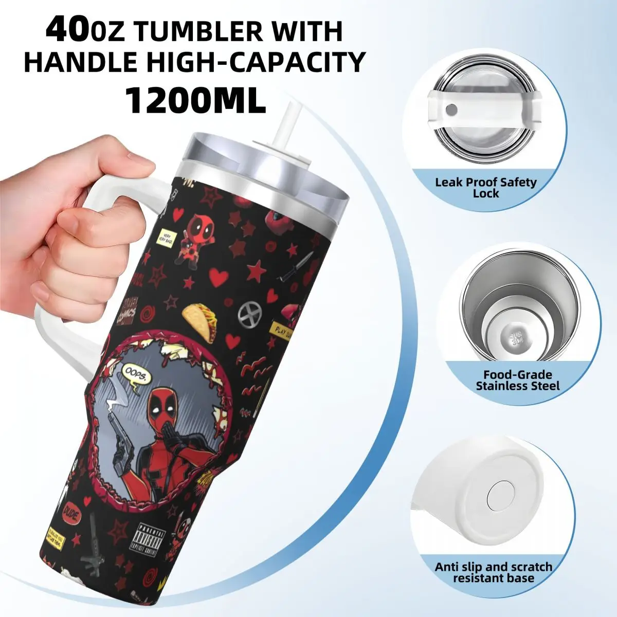 Cartoon Anime Deadpool Stainless Steel Tumbler Camping Thermal Mug With Straws and Lid Large Mugs Cup Cold and Hot Water Bottle