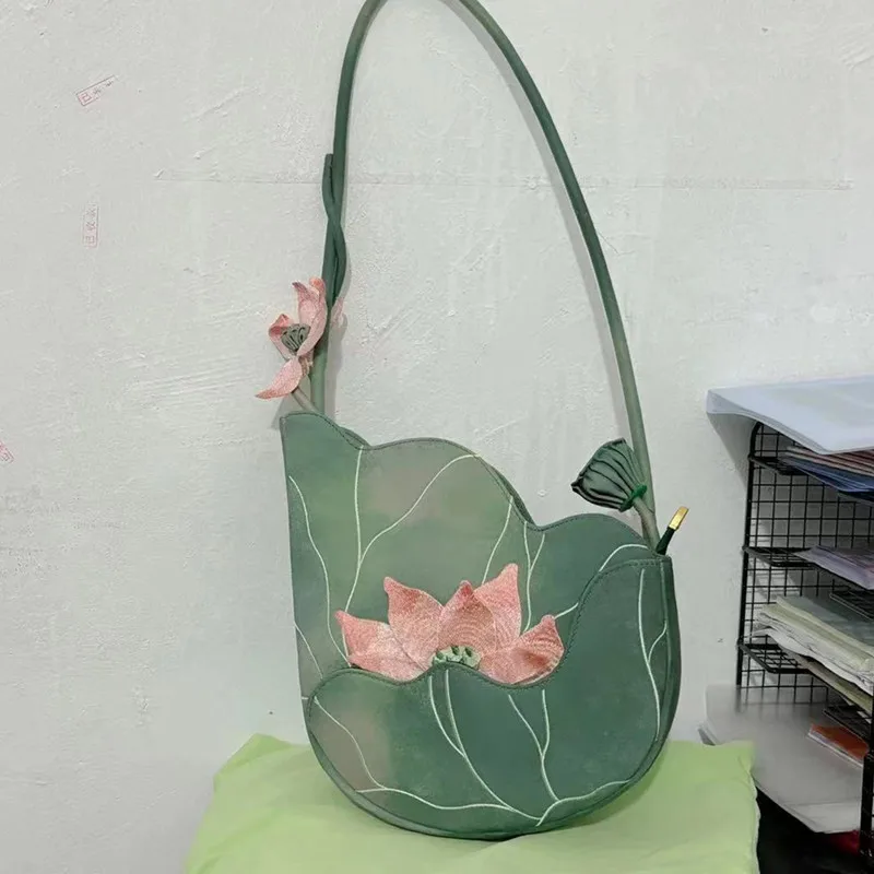 New Chinese Style Bags for Woman Lotus Embroidery Crossbady Bag Underarm Shoulder Sac Femme Irregular Bolso Bolsos De Mujer