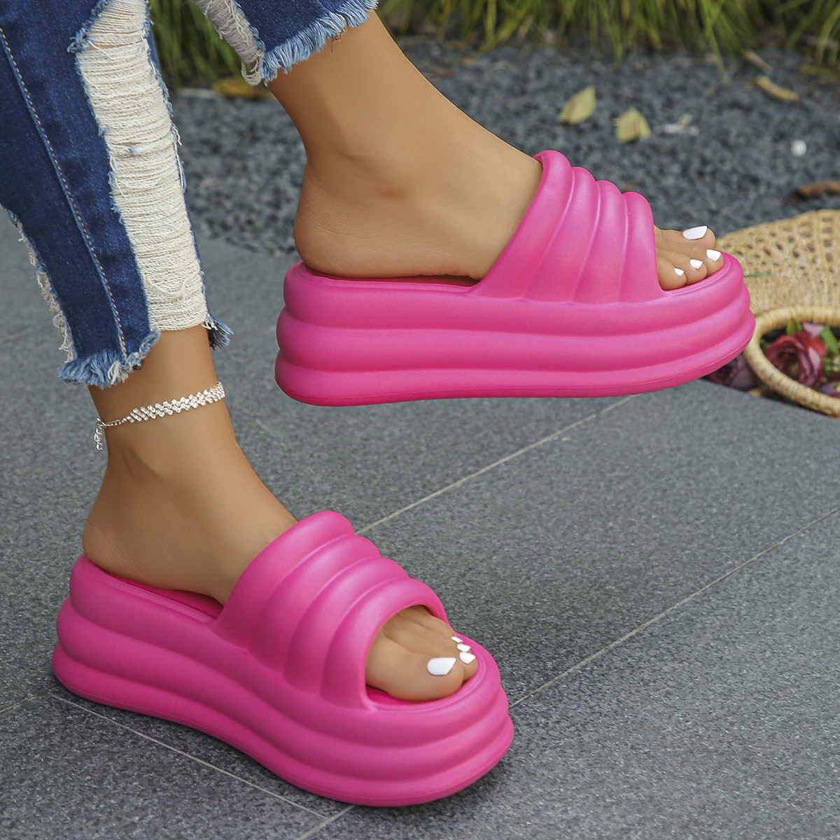 Wedge Slippers Woman New Fashion Non Slip Beach Slides Shoes Pink Chunky Platform Sandals for Women Summer Thick Bottom Eva