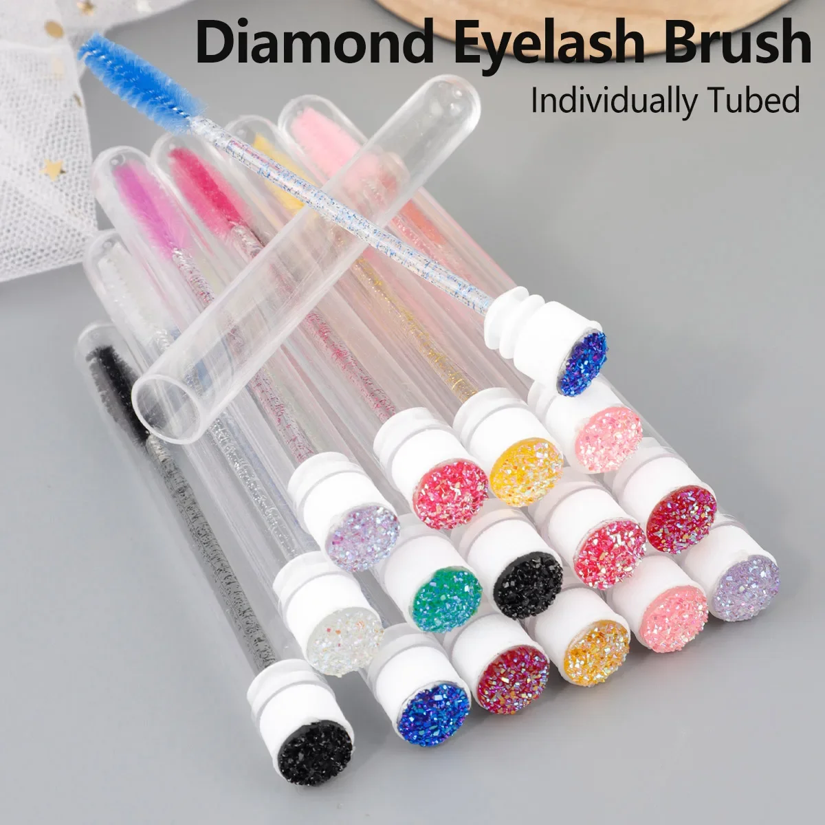 10pcs Disposable Test Tube Set with Crystal Rod Eyelash Brush And Multi-color Diamond Decorations Portable Cylinder for Beauty T