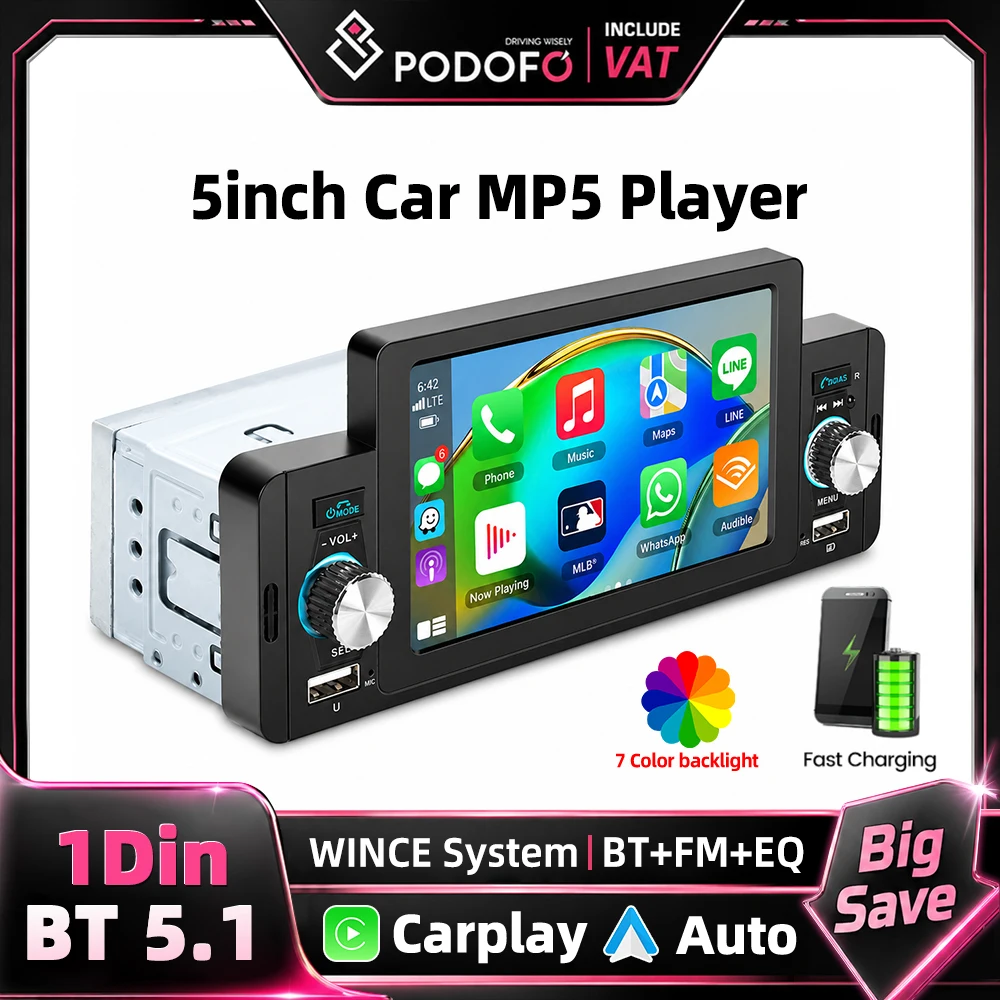 Podofo 5 Zoll 1 Din Autoradio MP5 Radio Kabelgebundenes Carplay Android Auto Mirror Link FM-Radio USB Schnellladung AUX Bluetooth 5.0 Audioausgang Autoradio Multimedia-Player Unterstützt TF/USB