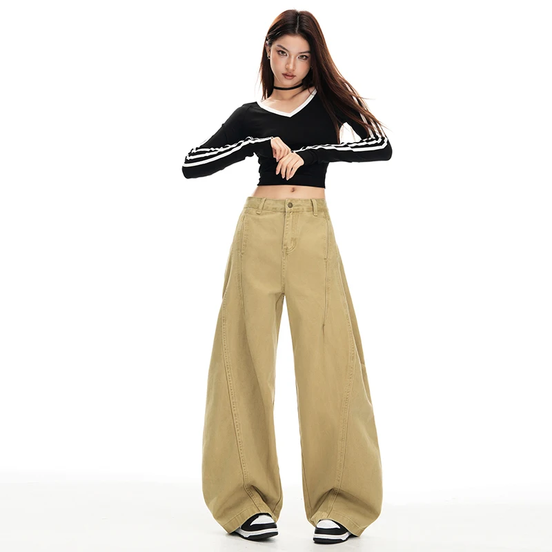 

Khaki wide-leg curved pants for women, new early autumn style, high-waisted, loose, slimming, drapey, floor-length straight pant