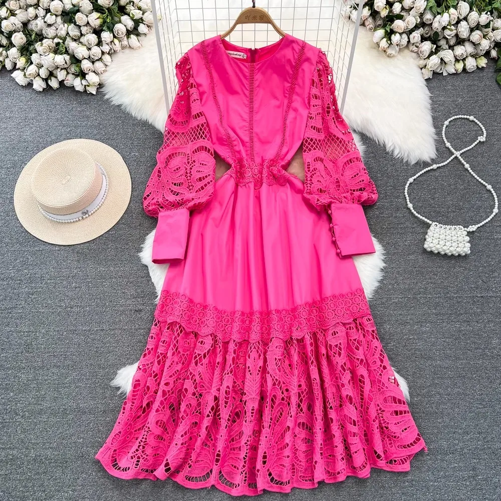 Luxury Newest 2023 Fashion Spring Autumn Lace Patchwork Hollo Out O Neck Lantern Sleeve Casual Party Holiday Women Dresses