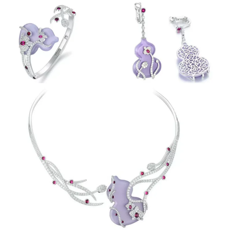Bellux Luxury Jewelry Set 925 Silver Purple Gourd Ruby Banquet Party Fashion Necklace Bracelet Earrings Vine Flower Gift