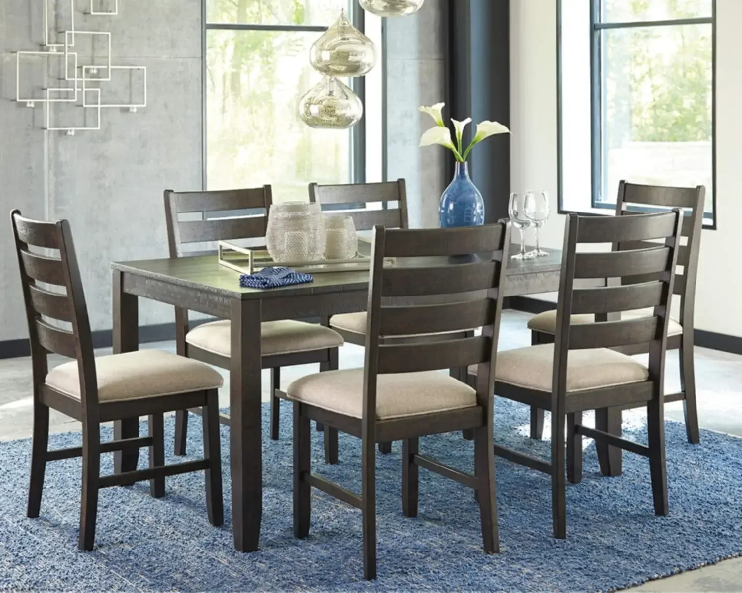 Design by Ashley Rokane 20" Dining Room Table Set with 6 Upholstered Chairs, Brown