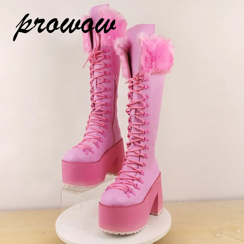 

Новые розовые, черные сапоги до колена на платформе со шнуровкой в стиле панк, теплые замшевые сапоги до колена с перекрестными ремешками, зимние туфли на блочном каблуке Spicy Girl