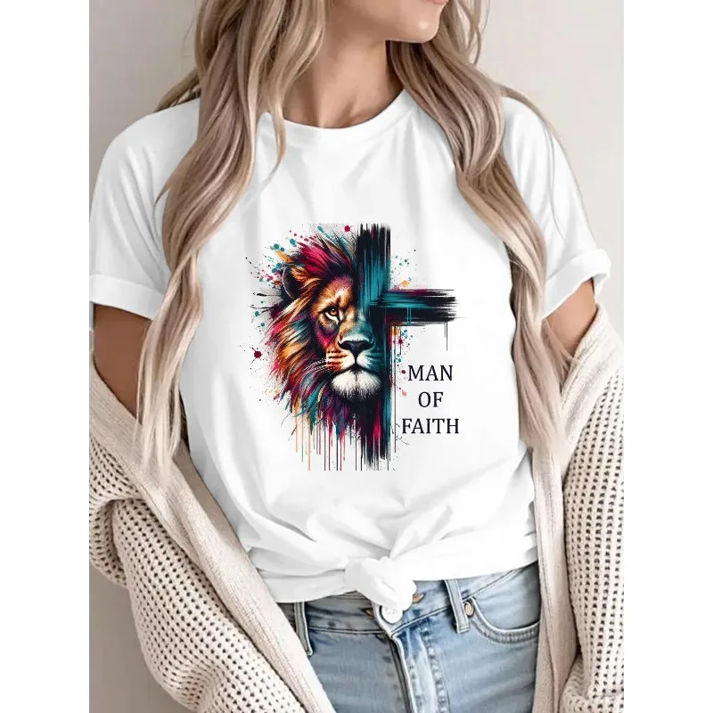 

Man of Faith T Shirt Christian Lion and Cross Graphic Tee Religious Bible Verse Inspired Casual Short Sleeve Top Men S-3XL