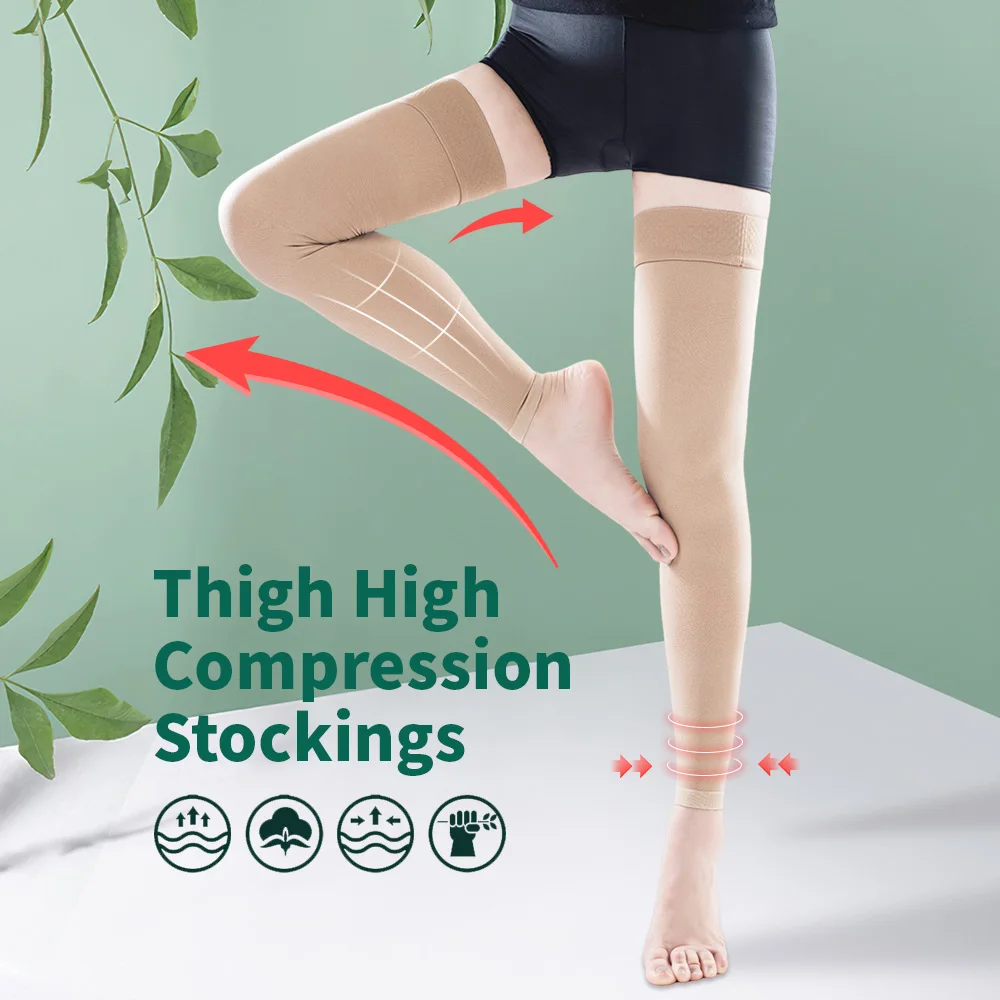 

23-32mmHg Footless Medical Varicose Veins Stockings BeigeColor Thigh High Unisex Elastic Nursing Sock Graduated Pressure Class 2