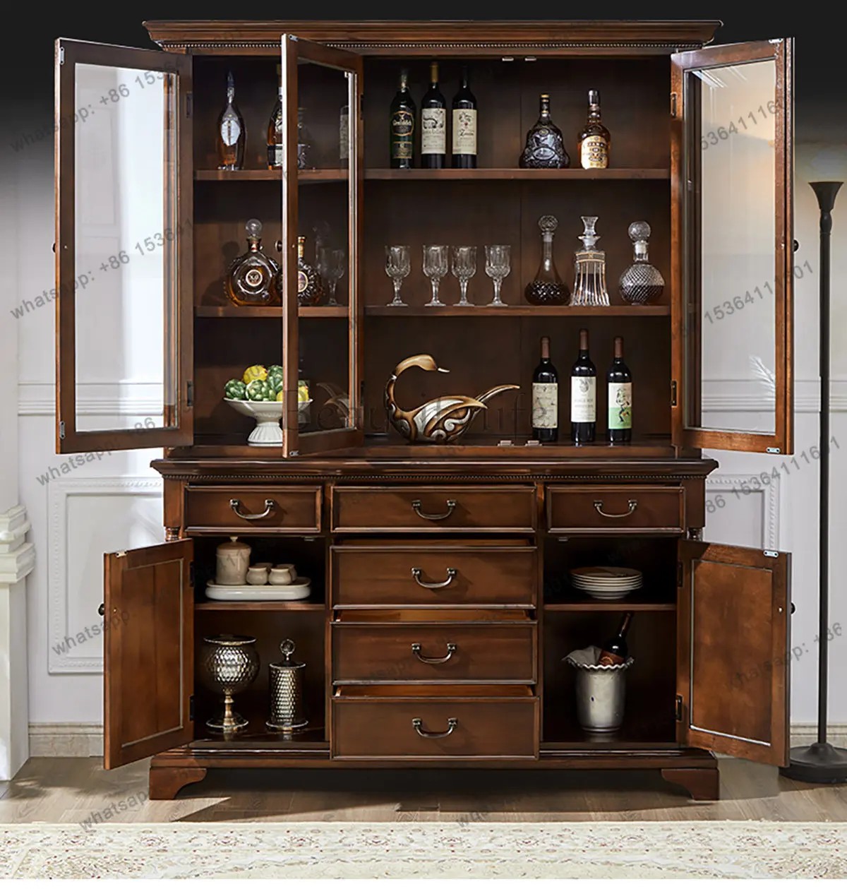 FG American Style Solid Wood Three-Door Sideboard Living Room Vintage Storage Cabinet Wall-Mounted Decorative Storage Cabinet