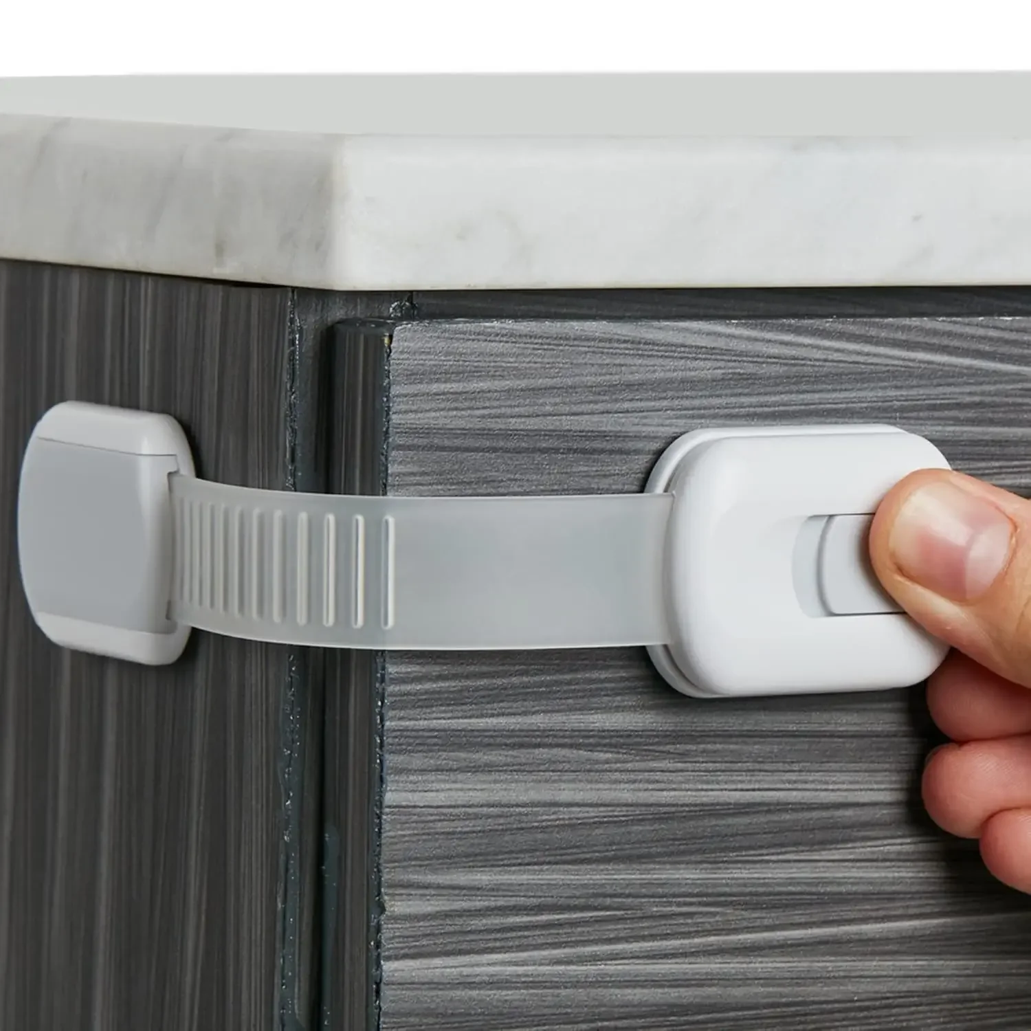 

Child Safety Locks (6-Pack) for Cabinets, Drawers, Toilet, Fridge – 3M Adhesive Pads, Easy Install, White/Gray