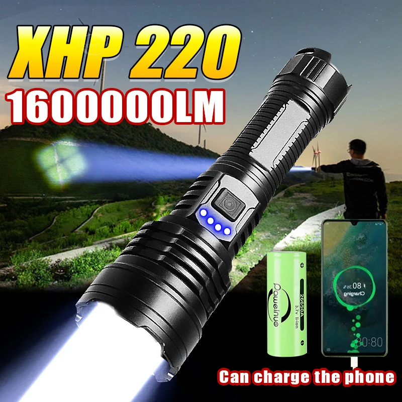 Powerful XHP220 LED Flashlight High Power LED Torch Light Rechargeable Lamp Tactical Flashlight 18650 Camping Lamp Self Defense