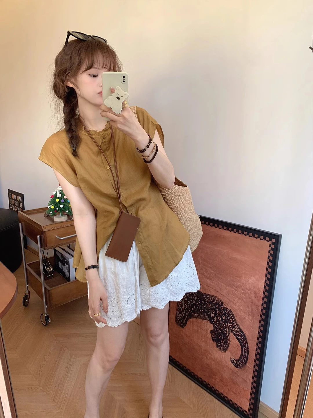 Ele Embroidered Lace Trim Wide Leg ort Pants Casual High Waist Thin Loose Fit Summer Tee-quarter Length A-line Hot Pants