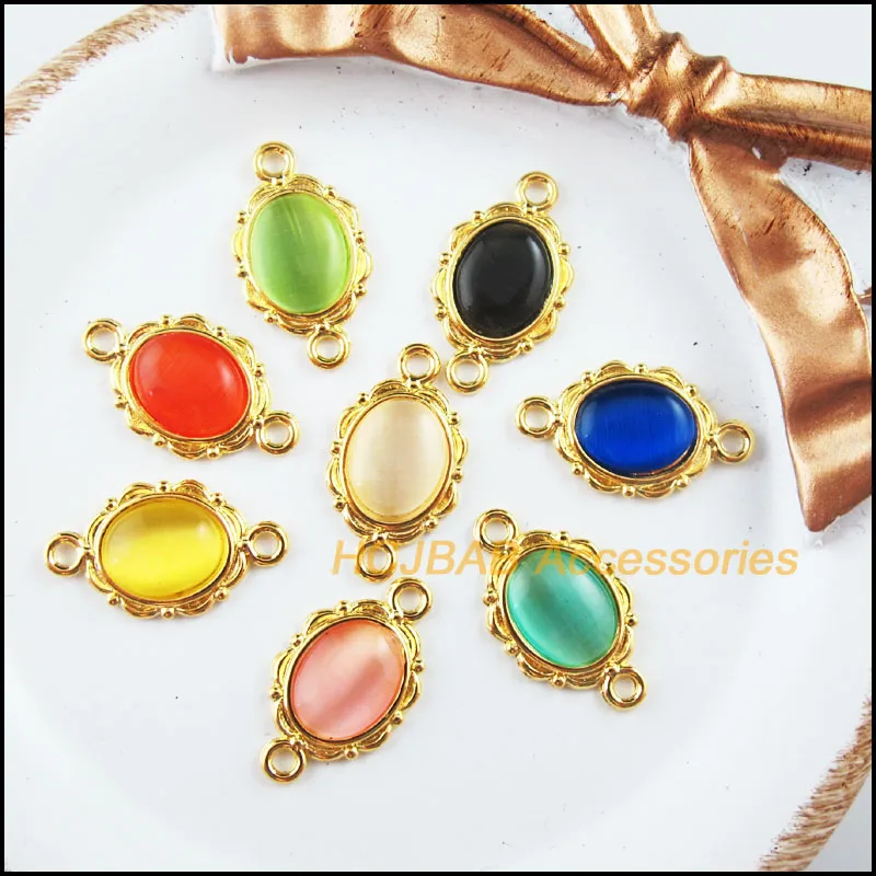 

16Pcs Gold Color Flower Mixed Oval Cat eye Stone Charms Connectors 12x21mm