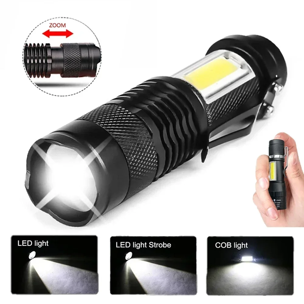 LED COB Mini Flashlight USB Rechargeable Torch Powerful Zoomable Portable Light 3 Lighting Modes Lantern for Outdoor Emergency