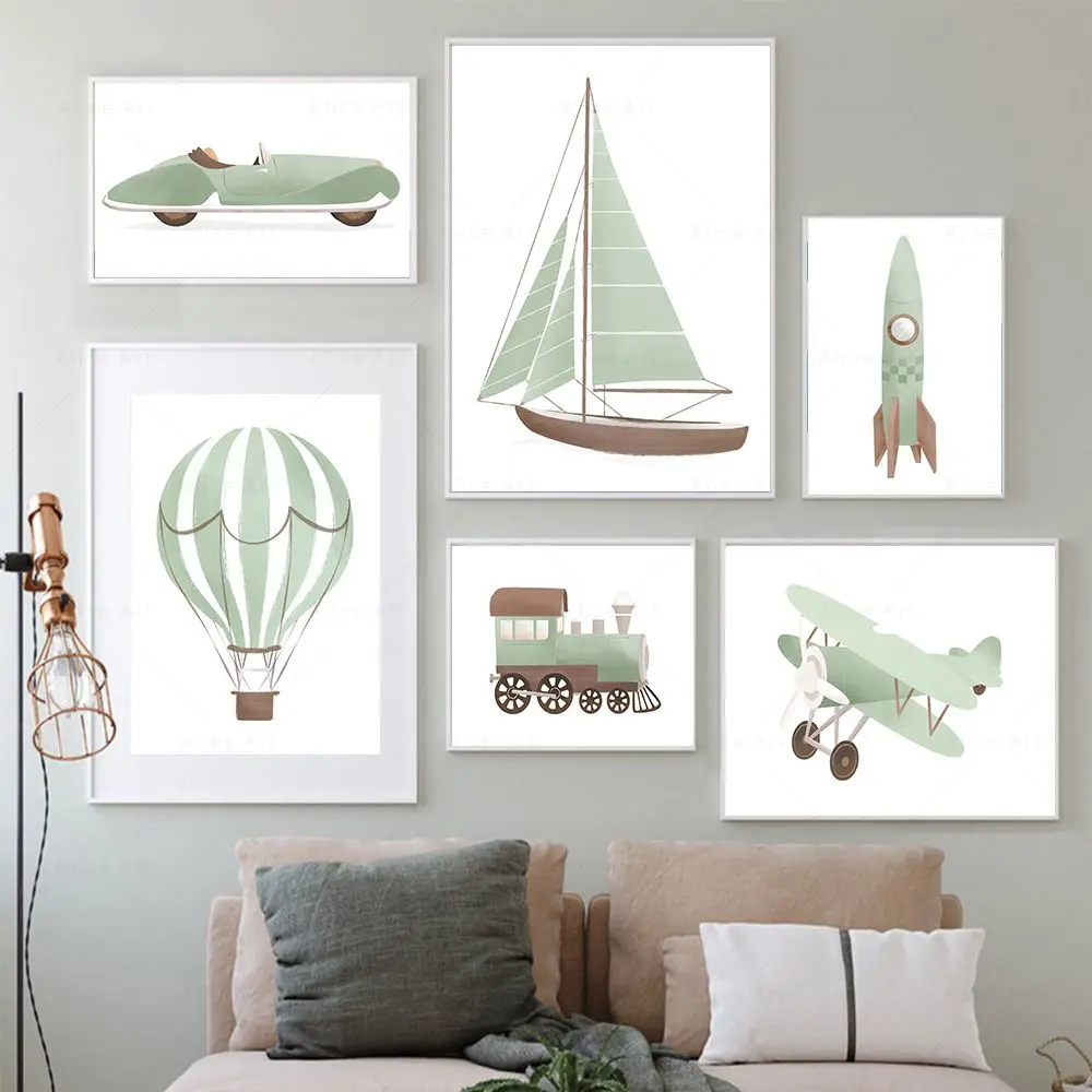 Airplane Hot Air Balloon Nautical Sailboat Wall Art Travel Nursery Kids Playroom Poster Blue Sage Green Print Baby BoyRoom Decor