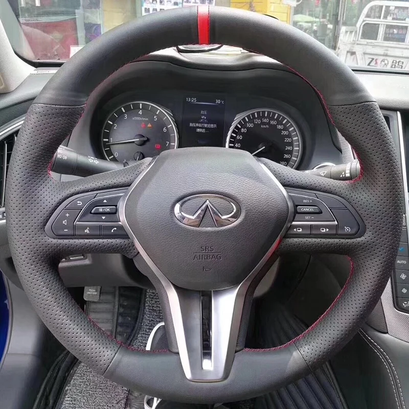 Image of Handgenähter Rutschfester Schwarzer Echtleder-Lenkradbezug für Infiniti QX50 Q50 2018-2020 Q60 2016-2020