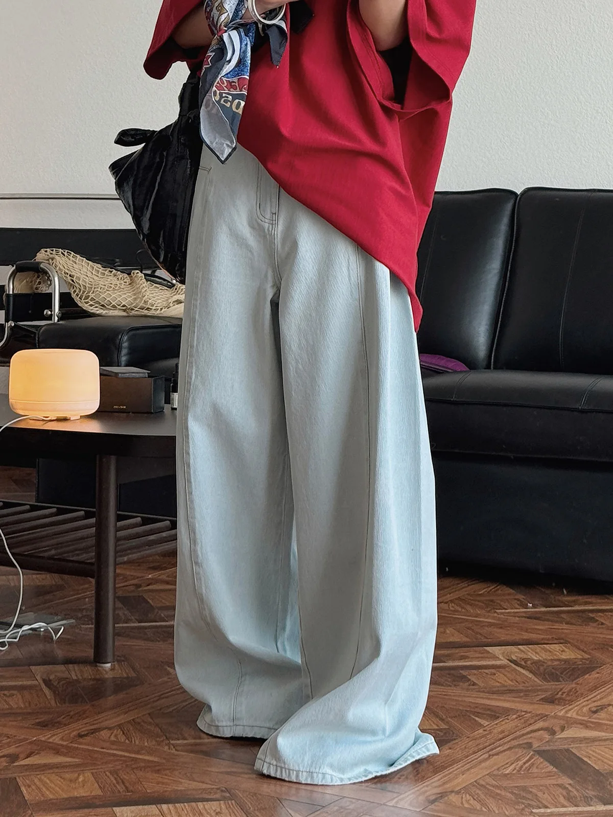 春と秋のレディースカジュアルソリッドカラーハイウエストルーズワイドレッグジーンズ