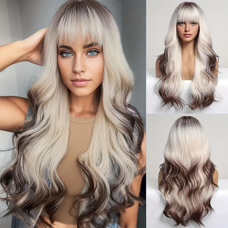 OLACARE Synthetic Ombre Blonde Brown Pink Wig Long Wavy Wigs with Bangs Daily Cosplay Party Use Heat Resistant Fiber for Women - view 6