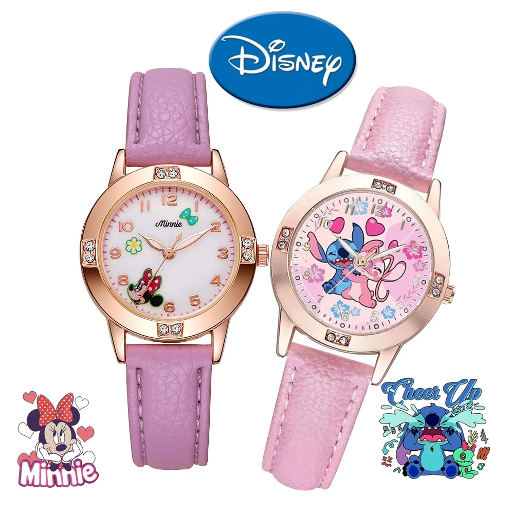 Disney Mickey Mouse Stitch Fashion Cartoon Children's Watch Leather Strap For Boys Girls Quartz Women Watch Christmas Gift