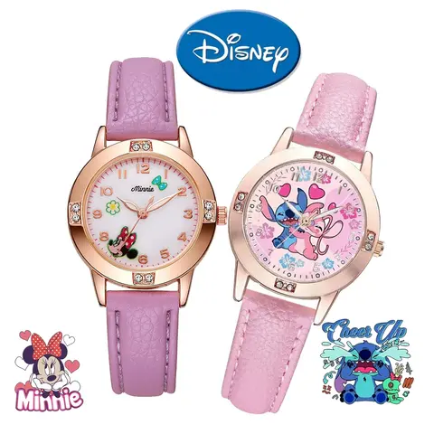Disney Mickey Mouse Stitch Fashion Cartoon Children's Watch Leather Strap For Boys Girls Quartz Women Watch Christmas Gift