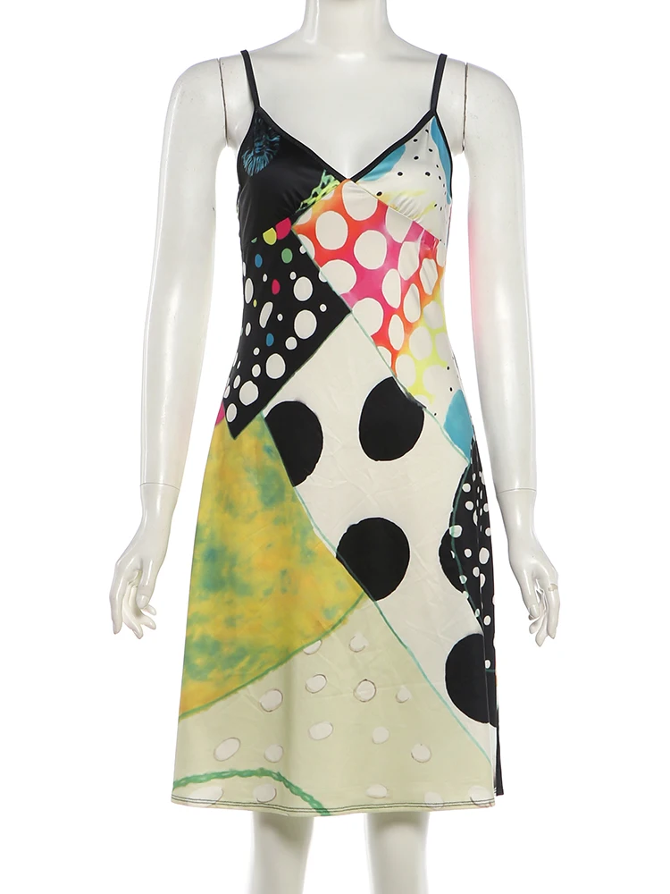 Weird Puss Sexy Kleid mit buntem Print für Damen, modische Patchwork-Design, tief ausgeschnittenes, ärmelloses, trendiges Mitternachts-Street-Club-Bodycon-Kleid – Detail 5