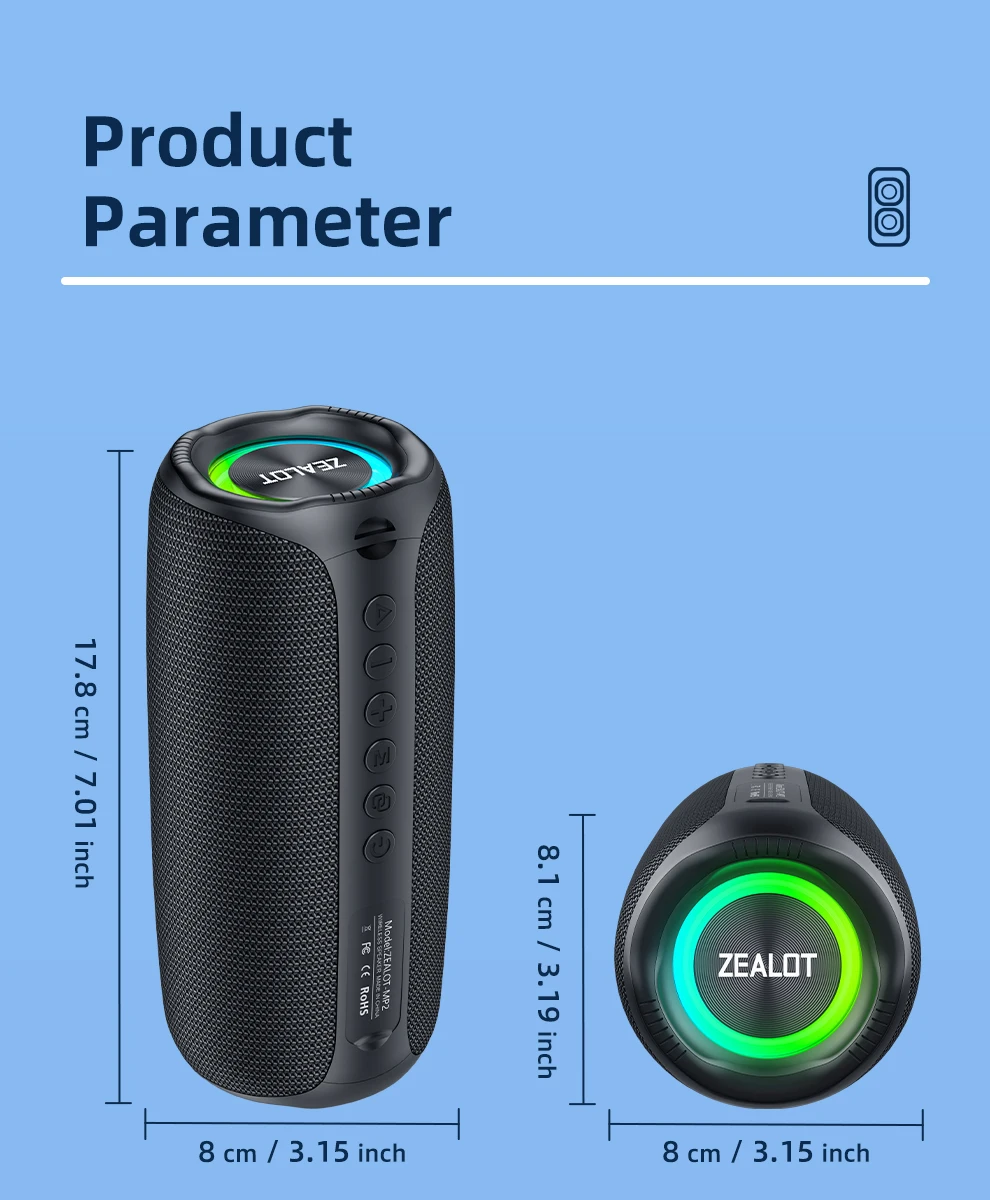 Zealot-MP2 Bluetooth-Lautsprecher, ultra-portabel, bis zu 15 Stunden Spielzeit, IP65 wasserdicht und staubdicht, kraftvoller Klang für den Außenbereich. – Detail 1