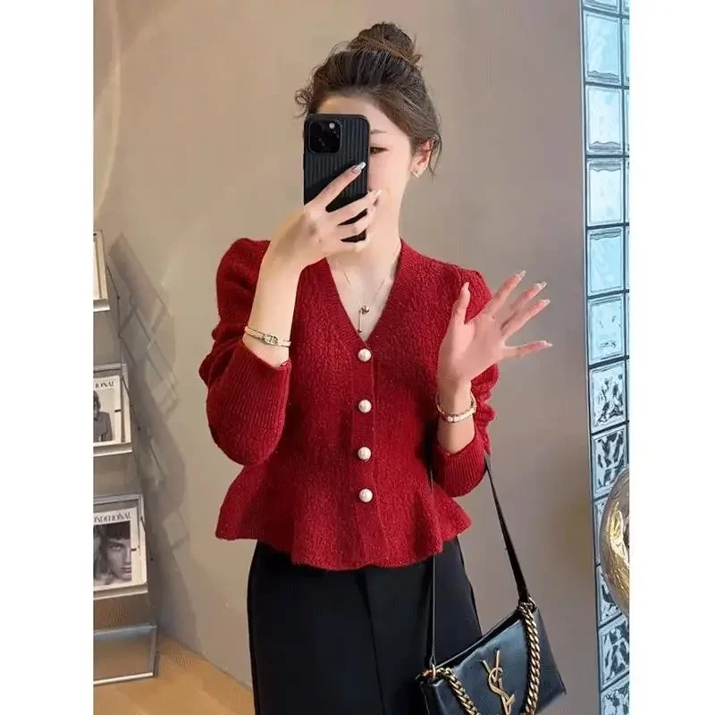 

Женский темпераментный элегантный тонкий короткий стильный вязаный кардиган с v-образным вырезом, винтажные шикарные свитера на пуговицах для поездок на работу, осень-зима