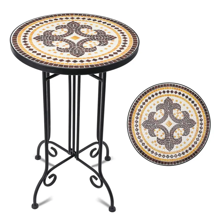 

Mosaic Outdoor Side Table, Round Rustproof Patio Tables with 14 Ceramic Tile Top, Indoor Porch Accent Table for Yard, Garden, Li