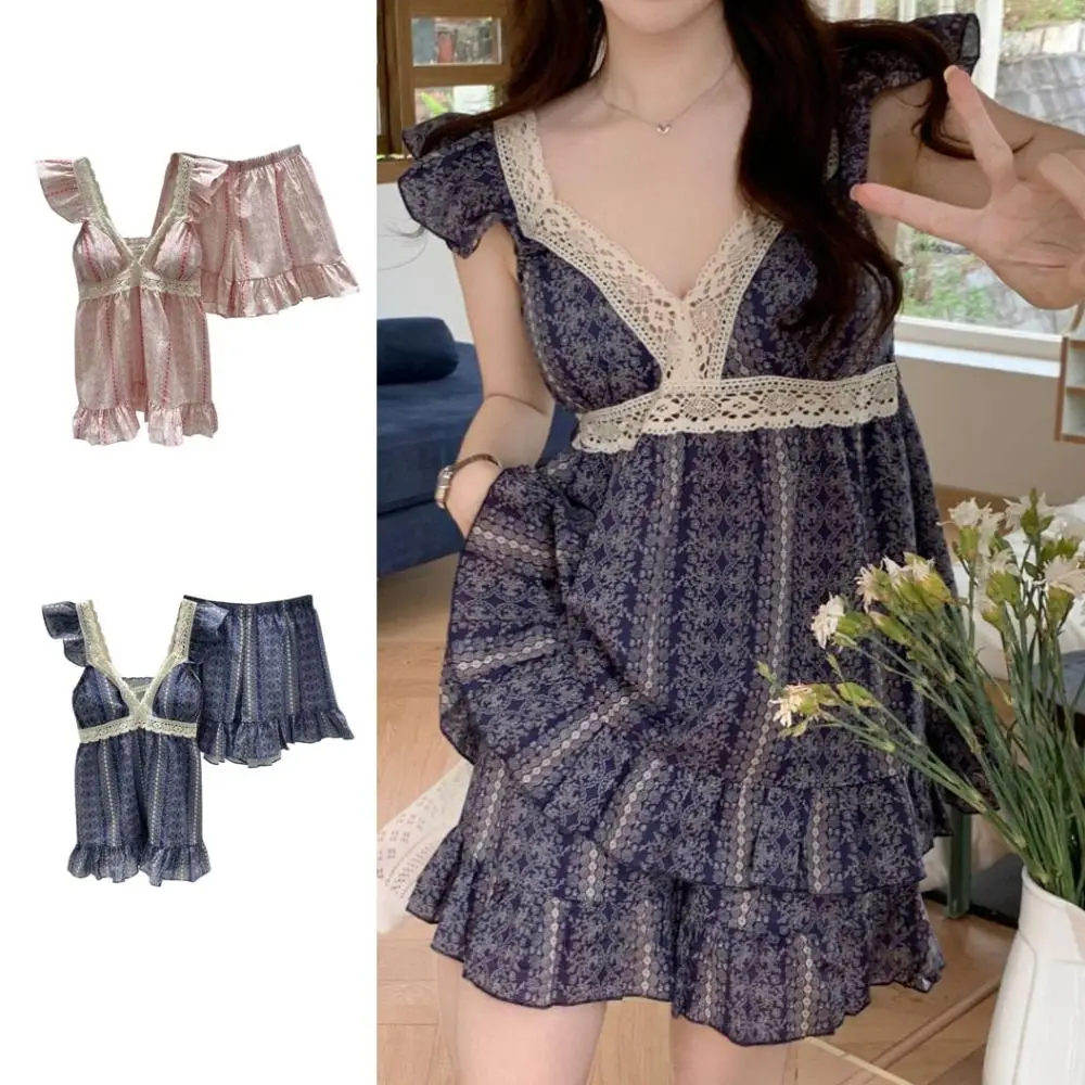 

Полосатые шорты на подтяжках, пижамы с накладкой на грудь, рюши, цветочный пижамный костюм, свободные женские комплекты одежды для сна без рукавов, женские комплекты