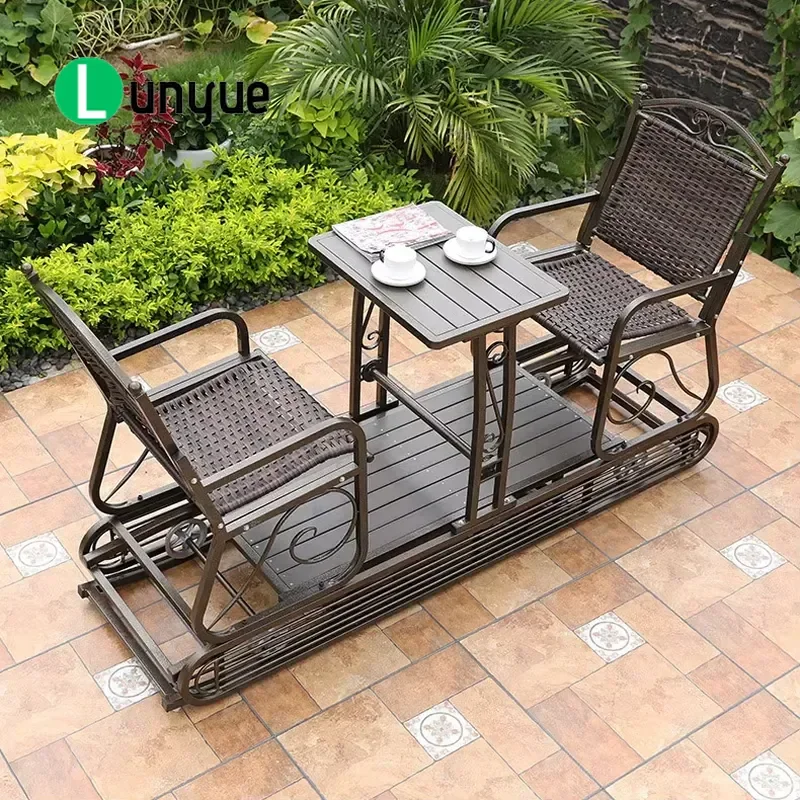 2 Person Outdoor Swing Chair with Table Metal PE Rattan Weather Resistant Patio Furniture for Balcony Courtyard Garden Use