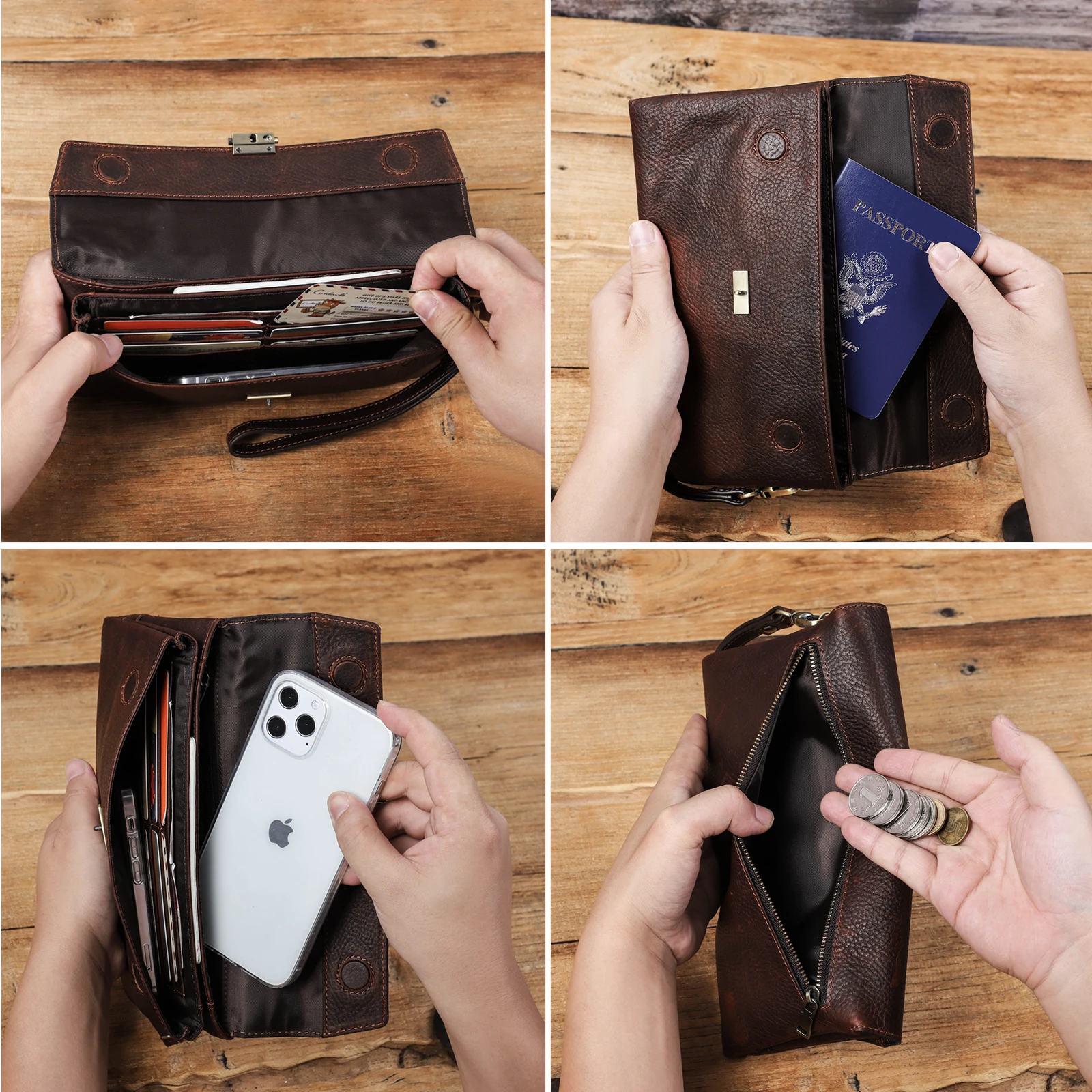 CONTACT'S Handmade Full Grain Leather Clutch Bag RFID Blocking Wristlet Wallet Large Capacity Men's Zipper Handbag Business