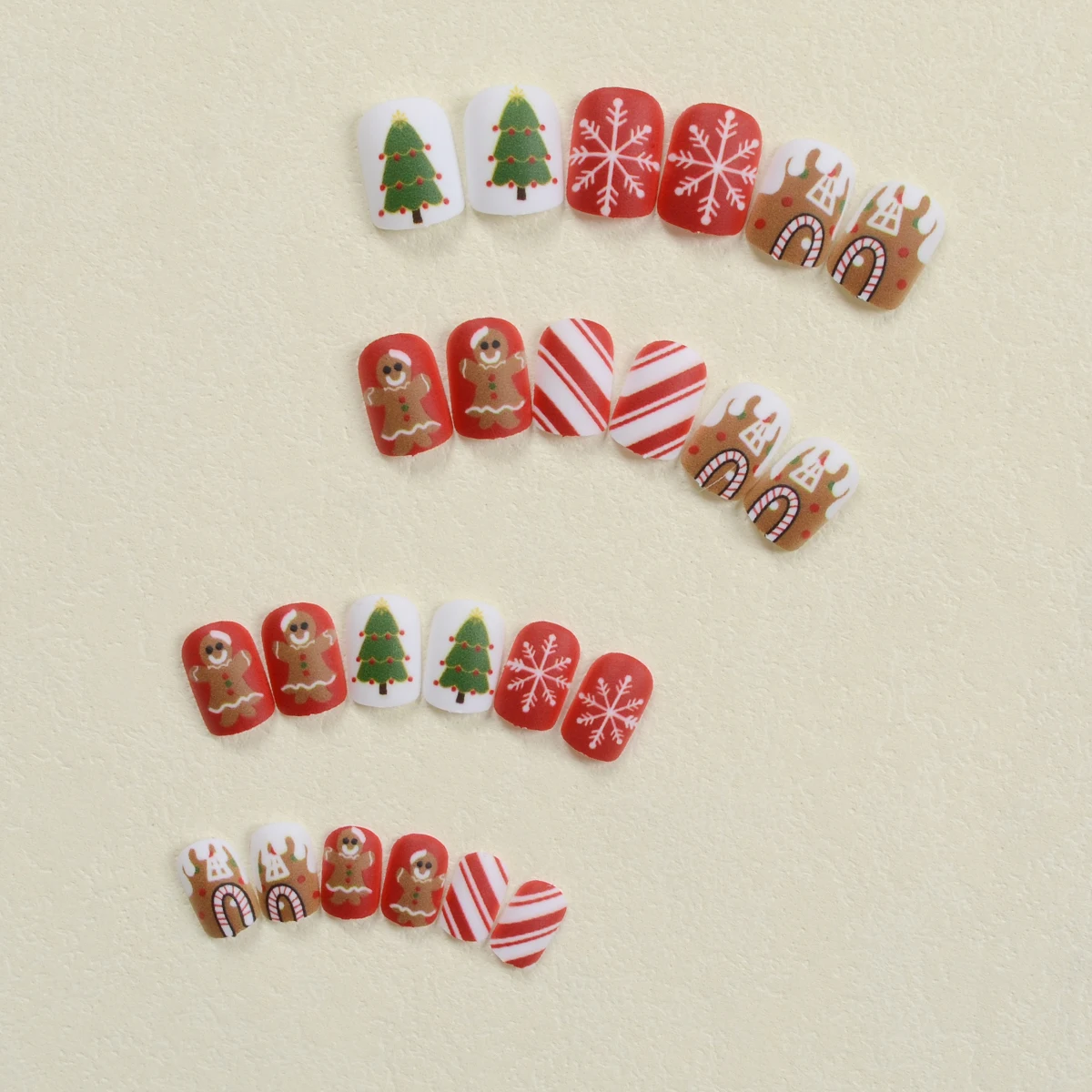 Press-On Nails Set - Christmas Collection with Frosted Cute Cartoon Gingerbread, Christmas Tree, Snowflake & Candy Cane Designs