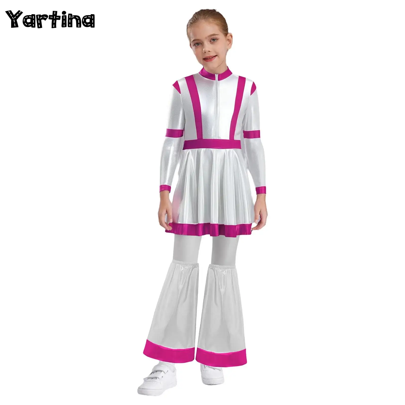 

Kids Girls Halloween Alien Outer Space Cadet Astronaut Cosplay Costume Shiny Metallic High Waist Robot Dress with Leg Covers