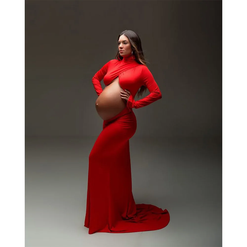 Элегантное платье для беременных для фотосессии, красное платье для детского душа с перекрестным вырезом на животе, фотографии беременных длиной до пола