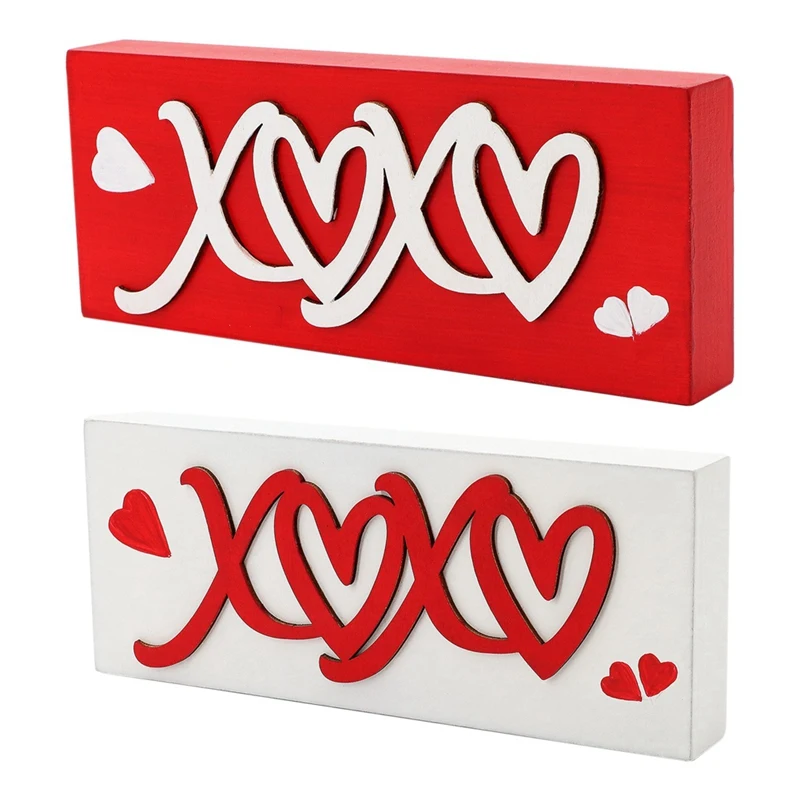 

Happy Valentines Day Decorations Kiss Valentines Sign 2 Pieces Wooden Block Set, Valentine's Day Decor