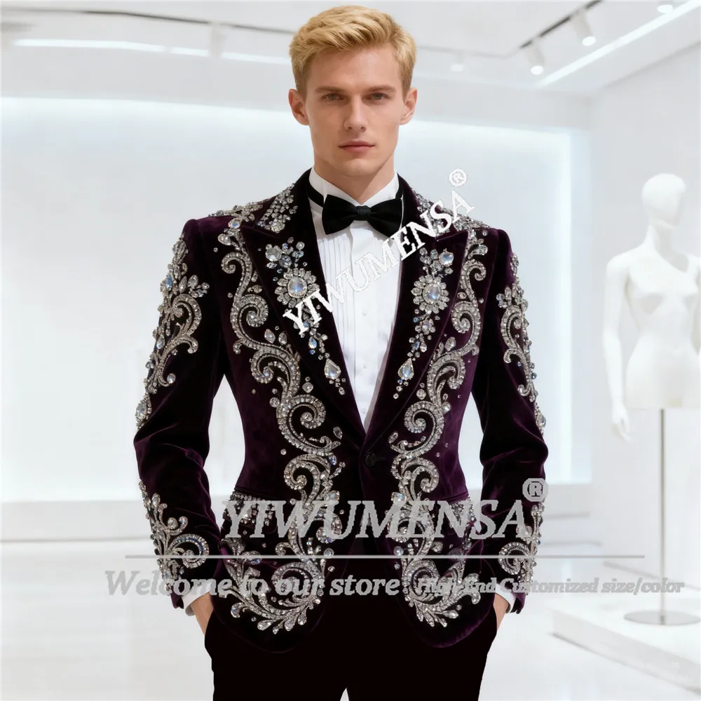 

Роскошный костюм с бриллиантами и бисером для мужчин, бархатные пиджаки для жениха, индивидуальные комплекты из 2 предметов, костюм Homme, мужские свадебные смокинги 2026